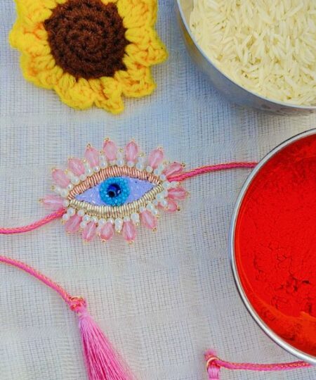 Handcrafted Beaded Evileye Pink Motif Rakhi